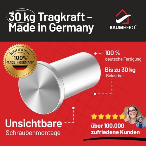 Raumhero Kleiderhaken (4 Stk.) - Garderobenhaken Edelstahl, Handtuchhaken zum Bohren - 100% Made in Germany (Tragkraft bis zu 30 kg) - Extrem vielseitig (inkl. Schrauben, Dübel & Anleitung) thumbnail 2