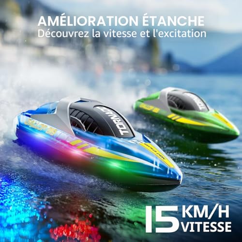 RC Fast RC Boat - 2.4GHz Waterproof Dual RC Boat Set with LED Double Propeller, Automatic Flip 2 Speed, 4 Batteries, for Kids Adults, Swimming Pool and Lake
