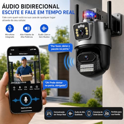 Câmera de Segurança Externa Dupla Wi-Fi 6MP com Duas Lentes, Visão Noturna, Sirene, Detecção de Movimento, Áudio Bidirecional, Rotação 355°/90° e Proteção IP66