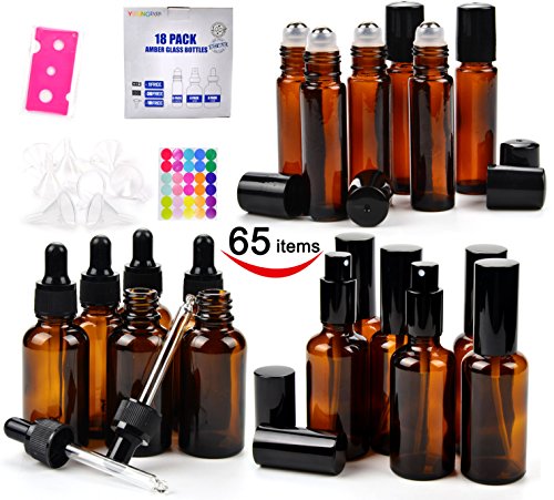 18 Amber Glass Bottles Pack- 6 Amber Glass Eye Dropper Bottle (1 Ounce) - 6 Amber Glass Sprayer Bottles (2 Ounce) - 6 Stainless Roller Balls Bottles (0.34 Ounce)