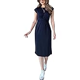 RomMoon Women's Crewneck Casual Bodycon Dress Cap Sleeve Tie Waist Pencil Midi Dresses
