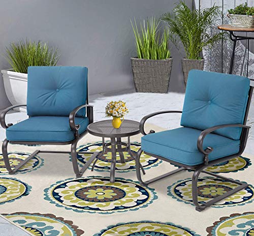 Oakmont Outdoor Bistro Set 3-Piece Spring Metal Lounge Cushioned Chairs and Bistro Table Set Wrought Iron Cafe Furniture Seat,Peacock Blue