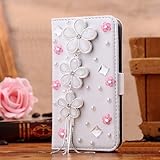 OOOUSE New Designer 3d Crystal Rhinestone Luxury Flip Wallet White Leather Handmade Case Cover for Apple Iphone 4 4s,5 5s, Samsung Galaxy S3,s4 (galaxy s4, daisy and pink flowers)