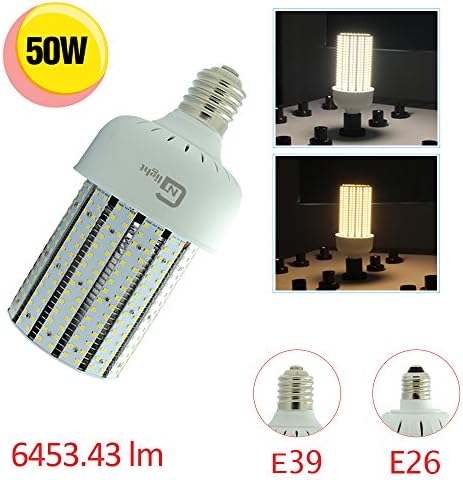 NUOGUAN 175W Mercury Vapor Replacement 50W LED Corn Bulb Mogul E39 Base Crystal White 5000K 6543 Lumens 360 Degree Beam Angle 100-277V Outdoor Post Lights for Home Garden