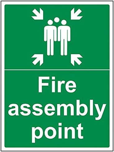 V Safety Fire Assembly Point With Family Sign - Portrait - 400mm x 300mm - 2mm Rigid Plastic, 17015BC-R2, Green