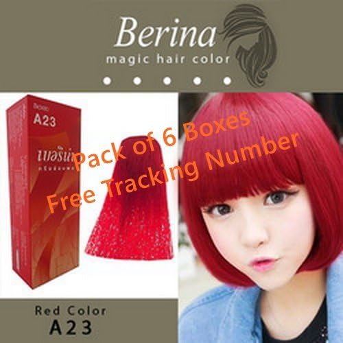 Berina A23 Bright Red Hair Dye Color Cream 60 G. Pack of 6 Super Permanent Fashion Unisex containing an innovative component which protects and provides glamor color to hair as desired