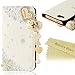 iPhone SE Case,iPhone 5S Case,iPhone 5 Case,3D Handmade Wallet Bling Crystal PU Leather with Love Heart Pendant Sparkle Diamond Flower Design Card Holder Flip Case Folio Cover By Mavis's Diary (White)