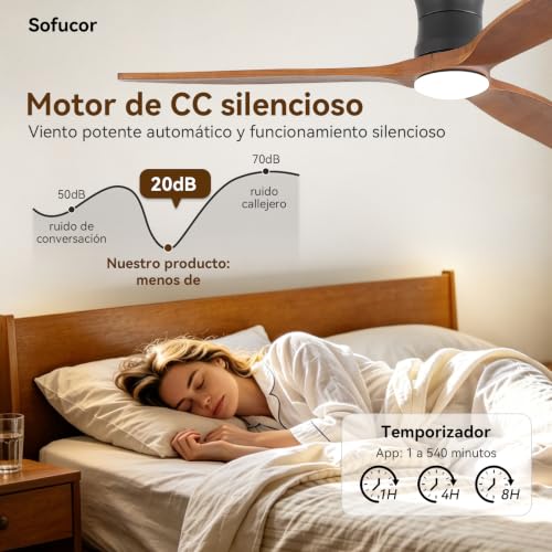 Sofucor Smart Ventilador de Techo con Luz, 132cm Madera Maciza Ventilador de Techo con Alexa/APP/WiFi, Mando a Distancia, DC, 3 Temperaturas de Color, Temporizador, 6 Velocidades para Salón