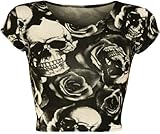 WearAll Women's Print Cap Sleeve Crop Top - Skull Roses - US 8-10 (UK 12-14)