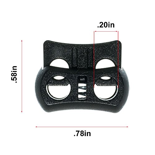 Craft County Black Plastic Dual Hole Adjustable Cord Locks - Double Opening, Wide Barrel, Spring-Loaded Design - Pack Sizes of 5, 10, 25, 50, 100, 250, 500, and 1000