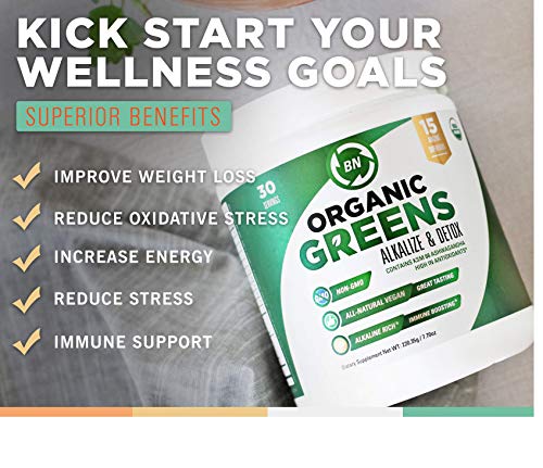 Organic Greens Powder - All Natural Superfoods Veggie Powder - Potent Superfoods for Detox and Immune Health Benefits - Includes Spirulina, Matcha Green Tea, and Ashwaganda - USDA Organic - Non-GMO