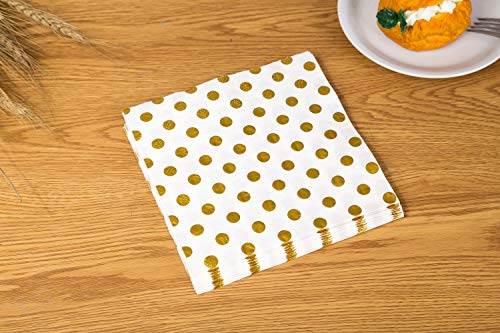 Xena 100 Piece Gold White Elegant Vintage Foil Polka Dot Party Cocktail Napkins Holiday Party Supplies Beverage Christmas New Years Decoration Folded Paper DIY
