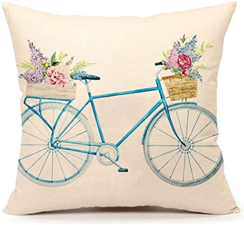 LOULANJX Watercolor Retro Bicycle and Flowers Home Decor Design Throw Pillow Case 18 x 18 Inch Cotton Linen for Sofa (Color A)