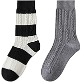 VIENGERT Women's Wool Blend Mid-Calf Socks 2 /4Pairs - Winter Boot Socks Set, Vintage Striped Cable Knit, Cozy Warm & Soft