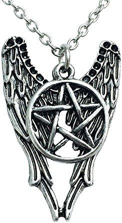 Super Silver Tone Necklace with Wings and Pentagram