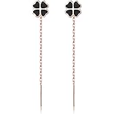 Reffeer Solid 925 Sterling Silver Leaf Clover Dangle Earrings Chain for Women Teen Girls Black Leaf Tassel Drop Earrings Threader