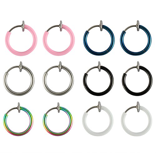 6 Pairs Value Pack Color Set Fake Clip On Earrings Non Piercing Hoop Body Jewelry