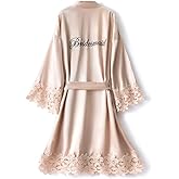 North Bund Women's Bride Bridesmaid Silky Robes with Lace Trim Bridal Embroidery Bathrobe for Wedding Party Sleepwear