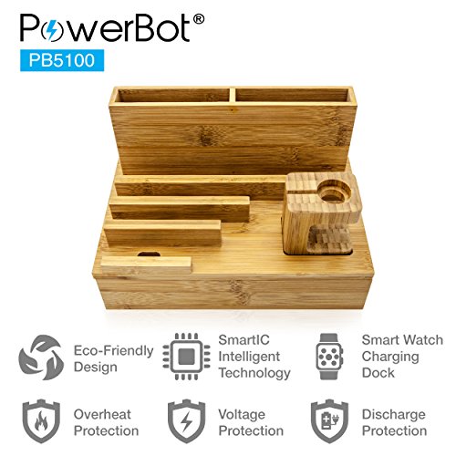 PowerBot PB5100 40Watt 8Amp 5 USB Port Rapid Charger Universal Desktop Charging Station w/Bamboo Finish, Multi Device Charging Dock, Organizer Stand for Tablets, Apple Watch, Smartphones up to 5.7" - Thumbnail 4