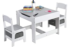 GENERIC Fireflowery Kids Table and Chair Set, 3-in-1 Wooden Activity Table w/Storage Drawer & Detachable Blackboard, 3-Piece Square Children Art Desk, Toddler Table and Chairs for Reading (Grey)