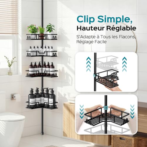 HAMITOR Shower Shelf No Drilling, Telescopic Corner Shelf, Bathroom, Ideal for Small Bathrooms & Tenants, 4-Tier Rustproof Metal Shelf with Large Capacity for Whole Family, Adjustable Length, 119-312