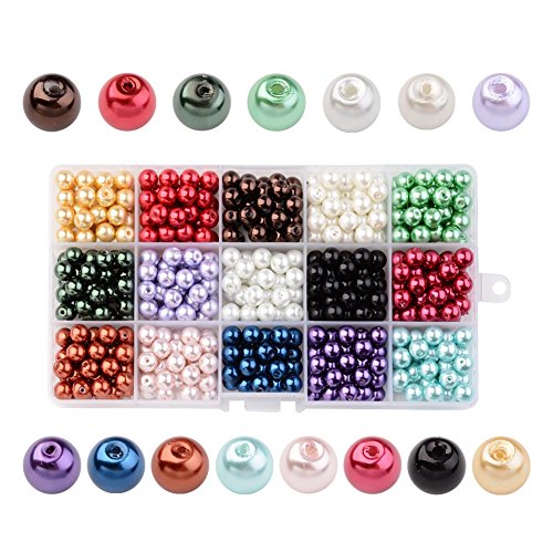 Pandahall 1 Box(510pcs,34pcs/color) 15 Color Dyed Round Glass Pearl Beads Assortment Lot for Jewelry Making, 8mm, Hole: 1mm