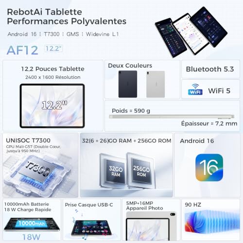 RebotAi Tablette 12.2 Pouces Android 16 Tablette, 32Go RAM+256Go ROM, Octa-Core T7300, 2400 * 1600 IPS, 10000 mAh Tablette Tactile 5MP+16MP/Widevine L1/Gemini AI/Étanchéité IP54
