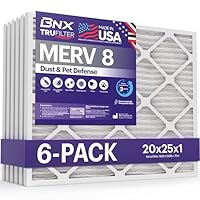 BNX TruFilter 20x25x1 Air Filter MERV 8 (6-Pack) - MADE IN USA – Dust & Pet Defense Electrostatic Pleated Air Conditioner HVAC AC Furnace Filters for Dust, Pet, Mold, Pollen MPR 600 – 700 & FPR 5