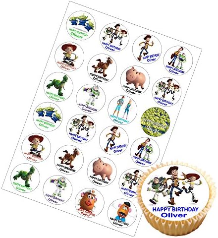 24 x Personalised Toy Story Mix Birthday Cup Cake Toppers with Any Name on Decor Real Edible Icing
