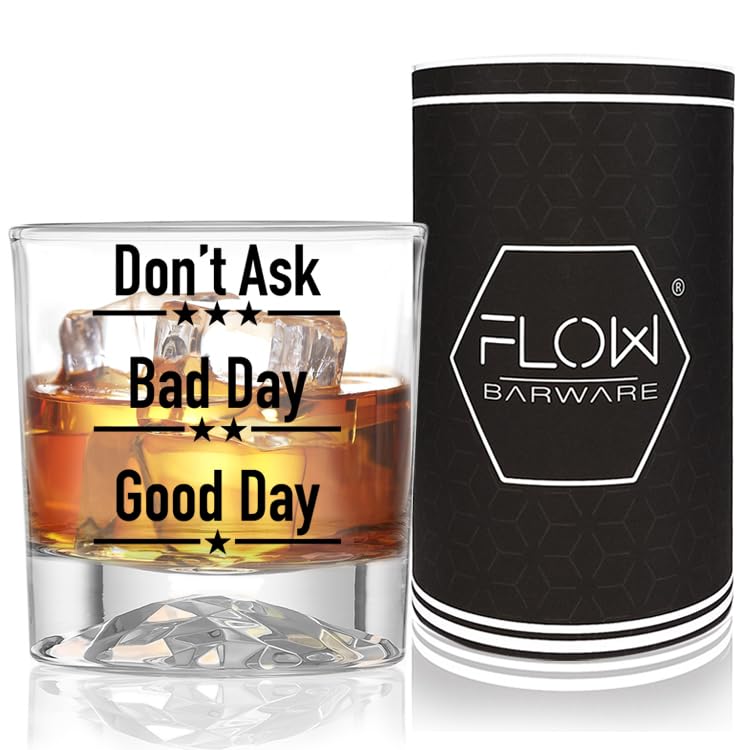 FLOW Barware Good Day, Bad Day, Donβt Ask Whiskey Glass | Funny Novelty Measured Glass for Rum, Scotch, Brandy or Vodka | Single Whiskey Tumbler Gift or Rum Tumbler Gift Set