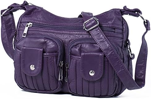 Hengying Women Ladies Vintage Washed Leather Cross Body Shoulder Bag Handbag with Many Zip Compartments - Purple