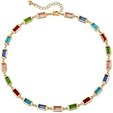 Dainty Colorful Glass Beaded Gold-Tone Choker Necklaces for Women Trendy Rectangular Clavicle Chain Adjustable Multicolor Handmade Gemstone Rainbow Bead Link Boho Y2k Statement Jewelry Party Prom