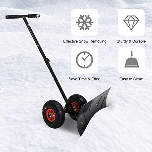 Outsunny Snow Shovel with Wheels, HeavyDuty Metal Snow Pusher