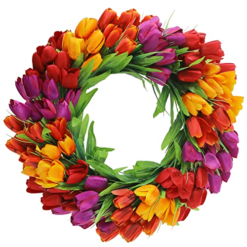 Photo 1 of U'Artlines 20 Inch Tulip Wreath for Front Door, Spring Summer Silk Wreath with Green Leaves Artificial Tulip Flower Wreaths for All Seasons Window Wall Wedding Valentines Day Decor