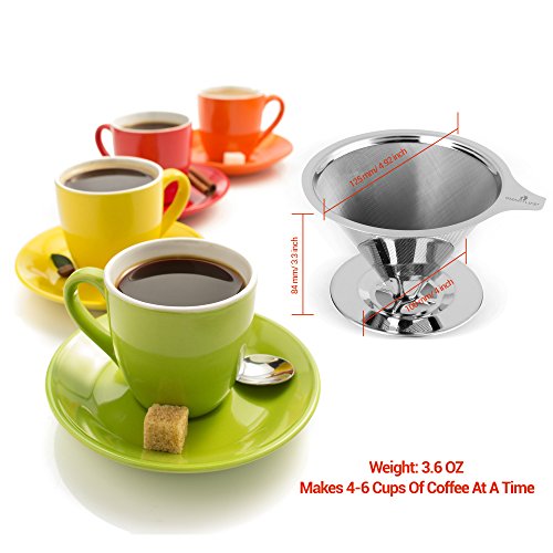 SmartLife 18/8 Stainless Steel Reusable Cone Coffee Filter with Cup Stand and Measuring Spoon