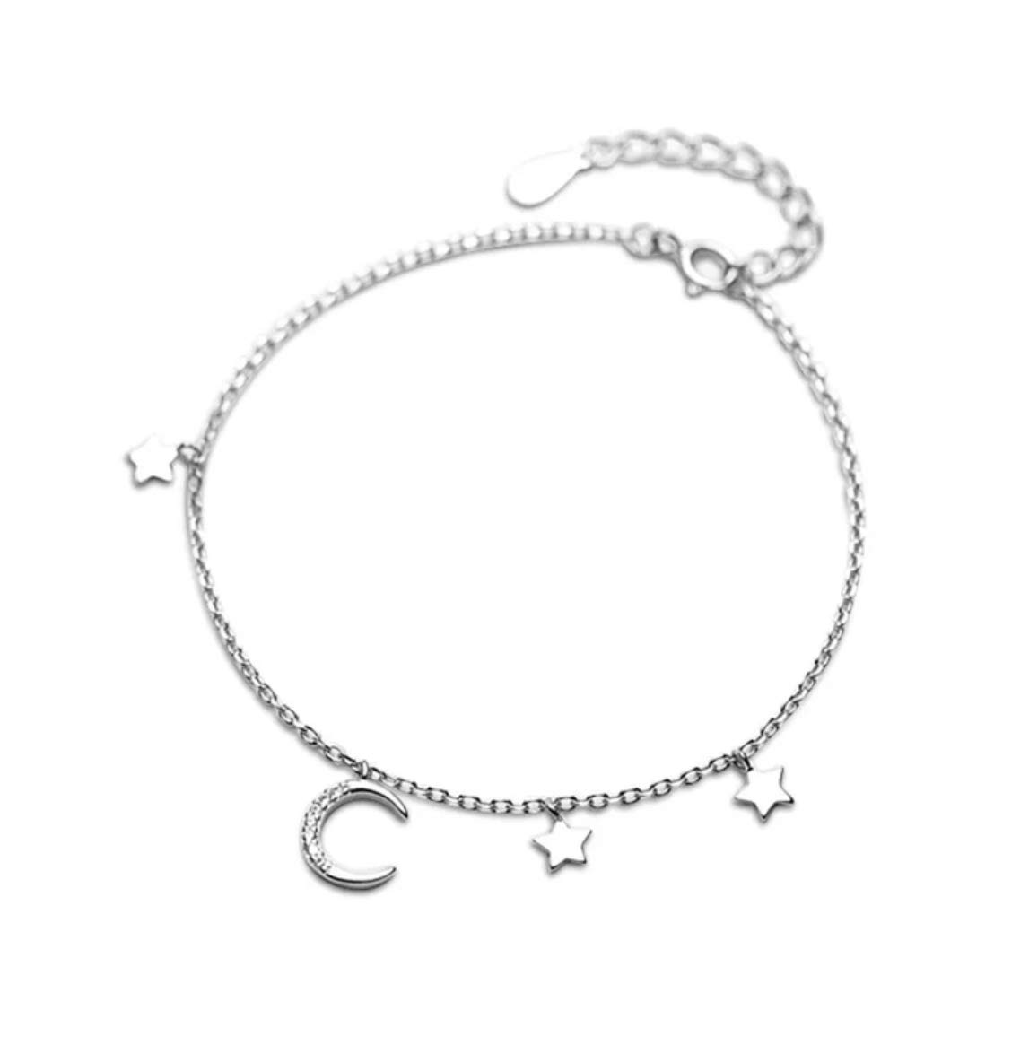 Iszie 925 Sterling Silver Sweet Little Crystal Moon and Star Charms Bracelet for Women