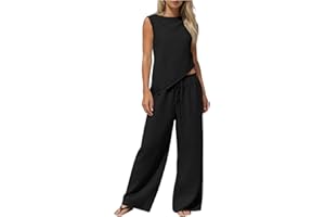 Lounge Sets for Women 2 Piece Summer Outfits Sleeveless Loose Top Wide Leg Drawstring Pants Beach Vacation Sets