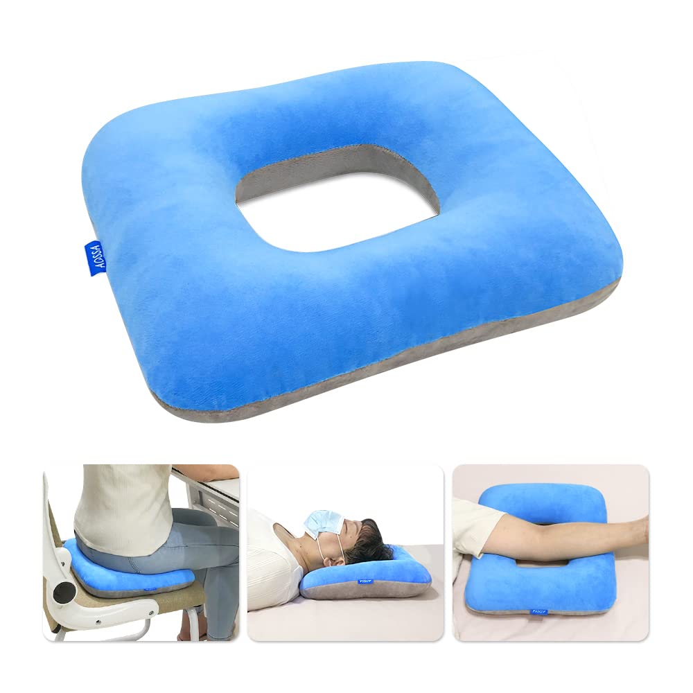 Mybow Donut Pillow Seat Cushion for Tailbone Pain Relief – Pressure Relief Ring Cushion for Haemorrhoids, Bed Sores, Pregnancy, Post-Surgery & Hip Support (Blue/Grey)