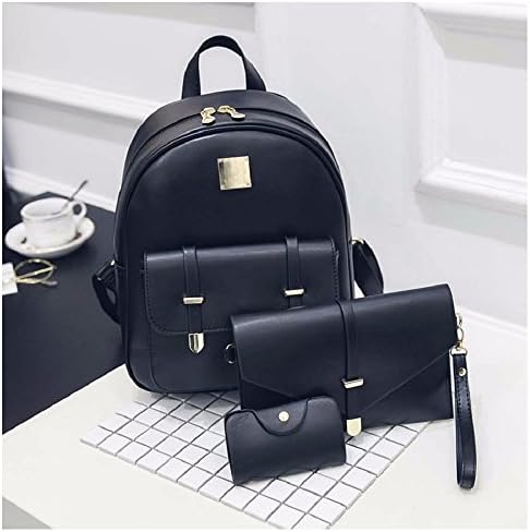 Set 3 Pcs Solid Black PU Leather Backpack Handbag Holder Card Casual Women Backpacks