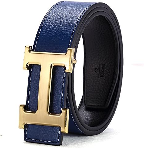 H Belts for Men Business Casual Leather Belt 1.5inch Wide (Waist Size 28-34 inch, Blue Gold)