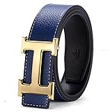 H Belts for Men Business Casual Leather Belt 1.5inch Wide (Waist Size 28-34 inch, Blue Gold)