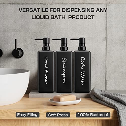 GMISUN Shampoo and Conditioner Dispenser, 17 Fl oz / 500ml Square Shower Gel Dispenser, Refillable Shampoo Bottles, Bathroom Plastic Black Shower Soap Dispensers, Modern Pump Bottle Dispensers 3 Pack