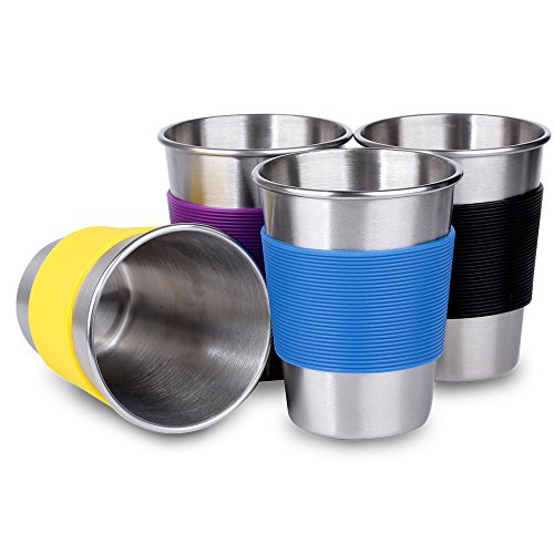 Unbreakable Metal Kids Drink Cups 11 oz Stainless Steel Drinking Glasses with Silicone Sleeve set of 4 for Home and Outdoor Activities