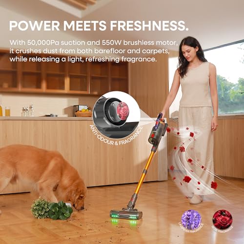 KIPMAX Cordless Vacuum Cleaner with Charging Station,50KPa 70Min 550W Stick Vacuum Cleaner for Home, Aromatherapy Anti-Tangle Self-Standing Lightweight Handheld Vacuum for Pet Hair/Carpet/Floor X20Pro