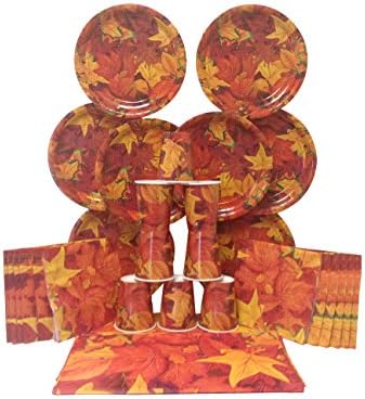 Fall Leaves Party Supply Pack - Includes Plates, Napkins, Cups, and a Tablecover for 8 Guests