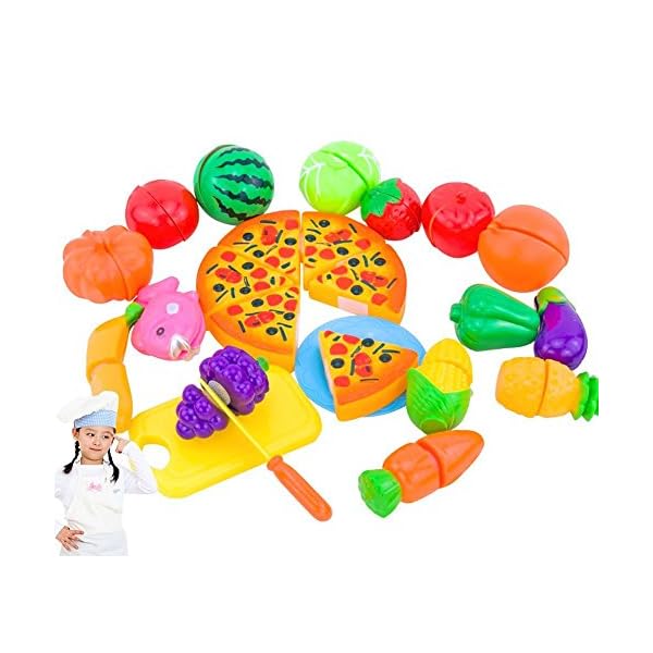 NIWWIN 24 PCS Spiel Essen Set für Kinder Kunststoff Schneiden Pizza Obst und Gemüse vorgeben Spielen Set – Bild 3