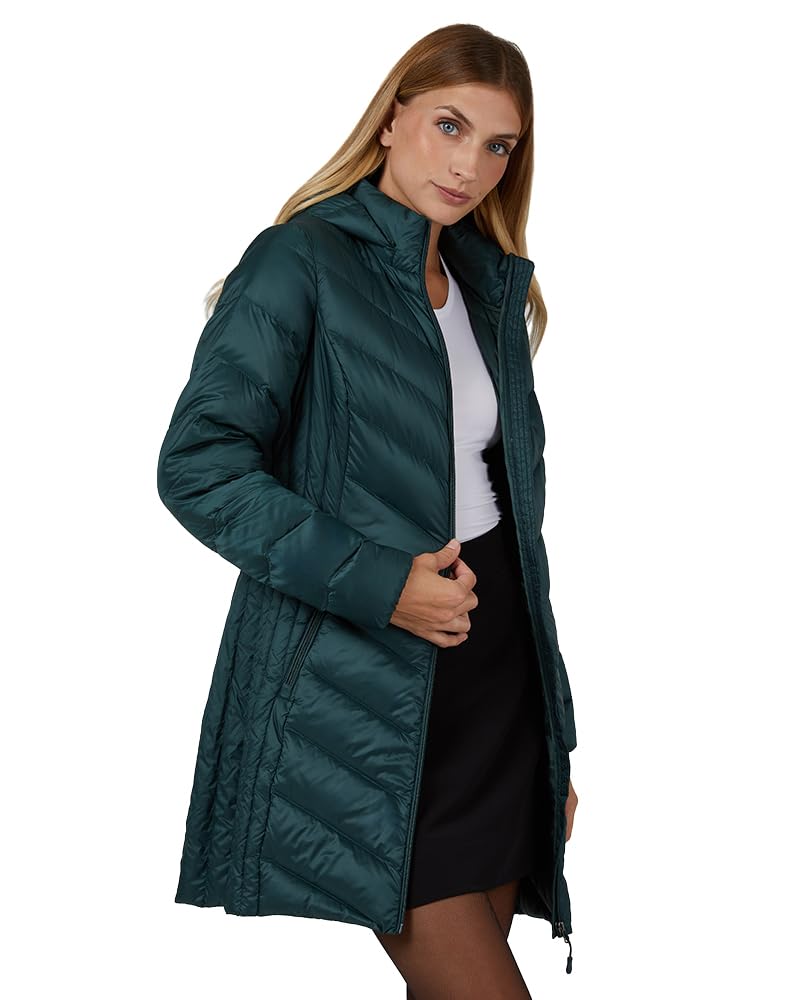 Photo 1 of 32 Degrees Heat Women's 3/4 Ultra-Light Down Packable Hooded Jacket| Slim Fit | Layering | Water Repellant, Darkest Spruce, X-Small