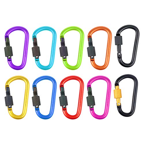 IEBUOBO 10 Pack Aluminum D Ring Key Rings Hiking Clips Locking Carabiner for Hiking Camping Fishing and Outdoor Use，Clips with Screw Gate Multicolored