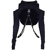 Allpunkall Punk Crop Hoodie Top for Women Gothic Grunge Rave Emo Halloween