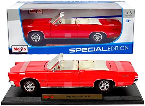 Maisto Special Edition Series 1:18 Scale Die Cast Car Set - Red Color Convertible Coupe 1965 PONTIAC GTO with Display Base